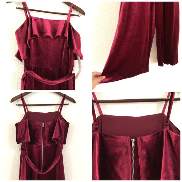NWT Avec Les Filles Cropped Velvet Ruffled Jumpsuit Wine Red Burgundy - Picture 7 of 8